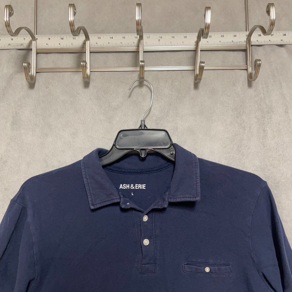 Ash & Erie Polo Shirt Men L Blue Pique S/S Pocket Cotton Stretch Tag less Casual